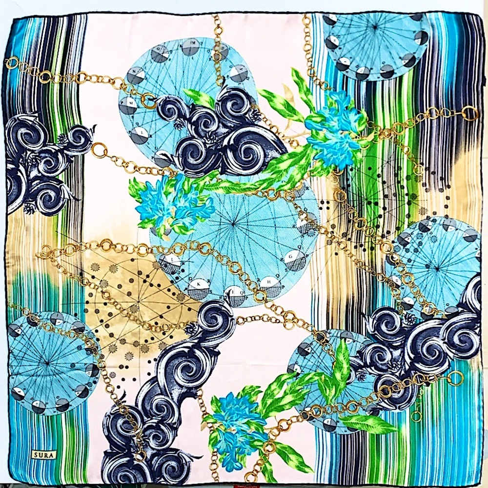 Vintage Sura Abstract Nautilcal Silk Print Scarf